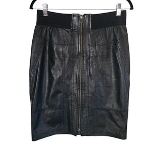 Danier Leather Mini Skirt Sz 6 Elastic Waist Zip Front Genuine Leather Skirt
